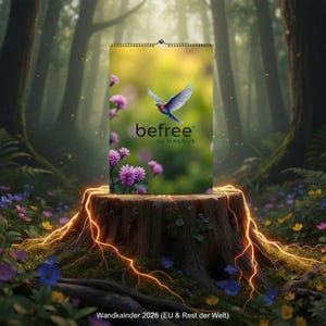 May include: A calendar with the text "befree" and a bird graphic. The calendar is displayed on a tree stump in a forest setting with flowers and a blurred background. The calendar is for 2026.