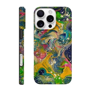 May include: A colorful phone case with an abstract design. The case features a vibrant mix of colors, including yellow, pink, blue, and green, with white speckles. The side view shows a black frame with a white button.