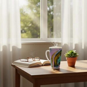 May include: A tall white coffee mug with a colorful abstract design, emitting steam, sits on a wooden table. Beside it are an open book and eyeglasses. A small potted succulent plant is also on the table, near a window with sheer curtains.