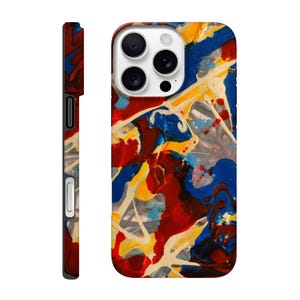 May include: A smartphone case with a colorful abstract design. The case features a vibrant mix of red, blue, yellow, and white paint splatters. The side view shows a matching design. The case has a camera cutout.