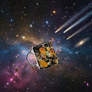 May include: A white ceramic coffee mug with a silver handle, featuring an abstract design in shades of orange, black, and yellow. The mug is set against a backdrop of a vibrant galaxy with stars, planets, and comets.