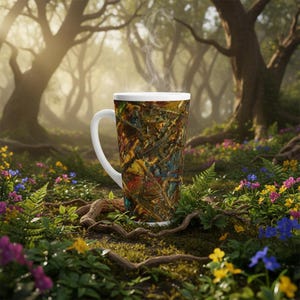 May include: A tall white-handled latte mug with a colorful abstract design. The mug is filled with a hot beverage, with steam rising from the top. The mug is set in a forest scene with flowers and trees.