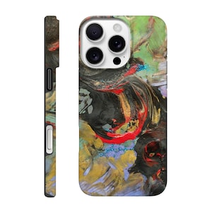 May include: A smartphone case with an abstract design. The case features a mix of colors, including black, red, gold, and green, with a glossy finish. The design appears to be a blend of paint strokes and textures.