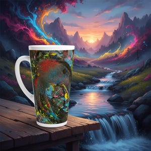 May include: A tall white-handled coffee mug with an abstract design in red, blue, yellow, and black sits on a wooden surface. The background features a vibrant landscape with a river, waterfalls, and colorful sky.