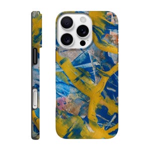 May include: A smartphone case with an abstract design. The case features a vibrant mix of yellow, blue, and white brushstrokes. The side of the case is a muted gray with a black button and port.
