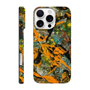 May include: A smartphone case with a vibrant abstract art design. The case features a mix of colors, including orange, black, yellow, and blue, creating a dynamic and textured appearance. The side view shows the case's profile and button placement.