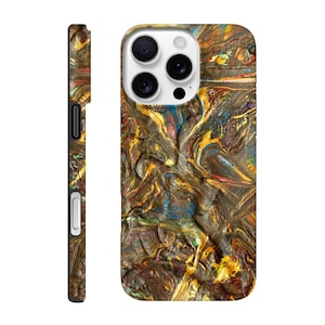 May include: A phone case with a textured, abstract design in shades of brown, gold, blue, and red. The case has a glossy finish and a camera cutout. The side view shows a black frame with a white button and a black volume rocker.