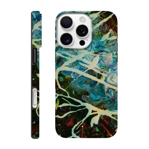 May include: A phone case with an abstract design. The case features a colorful, textured pattern with shades of blue, green, red, and white. The design appears to be an artistic interpretation of paint strokes.