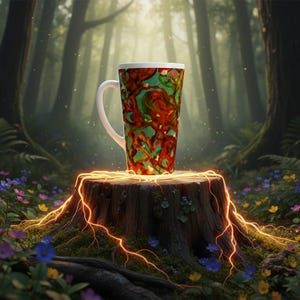 May include: Tall coffee mug with a white handle and rim, featuring a colorful abstract design in red, green, and gold. The mug sits on a tree stump surrounded by flowers, with a forest background.