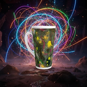 May include: Tall latte mug with a white handle and rim. The mug features a dark background with yellow, pink, and green paint splatters. The background has a colorful neon light design.