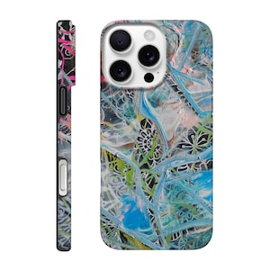 May include: A phone case with a colorful abstract design. The case features a mix of blue, green, pink, and white paint strokes and floral patterns. The side of the case is black with pink and white accents.