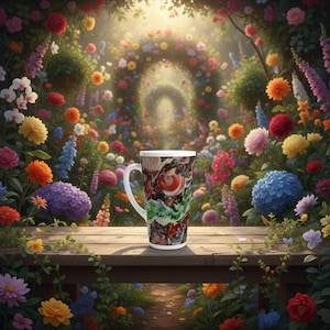 May include: A tall white coffee mug with a colorful abstract design stands on a wooden table. The mug's pattern includes red, green, and brown swirls. The background features a vibrant garden with a floral archway and a variety of colorful flowers.