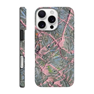 May include: A phone case with a textured design. The case features a gray base with pink and blue paint strokes. The side view shows a matching design. The case has cutouts for the camera and buttons.
