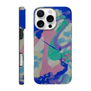 May include: A smartphone case with a colorful abstract design. The case features a vibrant mix of blue, pink, green, and purple paint strokes. The side view shows a blue border with a white button and a camera cutout.