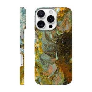 May include: A smartphone case with a colorful abstract design. The case features a swirling pattern of teal, orange, yellow, and brown hues. The side of the case is a lighter shade of the same colors. The case has a camera cutout.