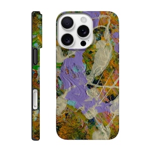 May include: A phone case with an abstract art design. The case features a vibrant mix of colors, including purple, orange, green, and white, applied in a textured, layered style. The side of the case is also painted with a similar design.