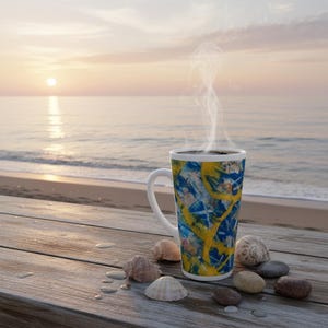 May include: A tall white ceramic latte mug with a colorful abstract design of yellow and blue brushstrokes. The mug is filled with a dark liquid, and steam rises from the top. The mug sits on a wooden surface with seashells and stones.