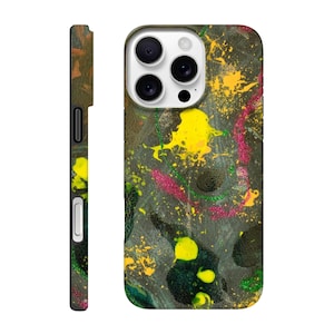 May include: A phone case with a colorful abstract design. The case features a dark gray background with splatters of yellow, pink, and green paint. The case has a glossy finish and a camera cutout.