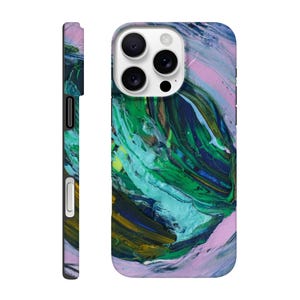 May include: A smartphone case with a colorful abstract design. The case features a swirling pattern of green, blue, pink, and yellow hues, creating a textured, artistic appearance. The case is shown from multiple angles, highlighting its design and form.