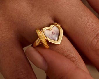 Heart Locket Ring with Birthstone, Custom Photo Ring, Personalized Gold Memory Jewelry, Valentine’s Day Couple Jewelry, Love Jewelry Gift