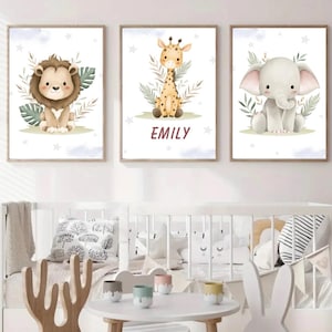 Safari Nursery Art Set: Lion, Giraffe, Elephant Prints - Personalized Name (Digital Download)