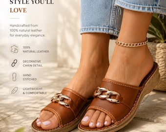 Brown Leather Slide Sandals for Women, Handmade Leather Mules, Gold Chain Sandals, Comfortable Summer Slides, Gift for Her