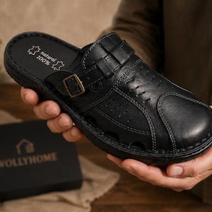 Men’s Leather Clogs Closed Toe | Summer Comfort Leather Mules | Adjustable Strap Sandals | Handmade in Poland | Comfortable Slip-On Shoes