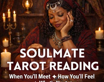 May include: A woman with dark curly hair and a red headscarf is seated at a table, with the text "SOULMATE TAROT READING" in white. The image includes candles, jewelry, and a crystal ball, suggesting a spiritual or fortune-telling theme.