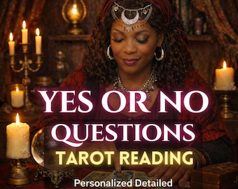 May include: A woman wearing a burgundy headscarf and jewellery sits at a table with lit candles and a crystal ball. The text "YES OR NO QUESTIONS TAROT READING" is displayed. The image is a promotional graphic for tarot readings.