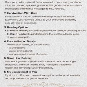 May include: A beige graphic with the title "How It Works?" and numbered sections detailing the process of a service. Includes information about energy connection, handwritten sessions, reading options, personalization, and delivery.
