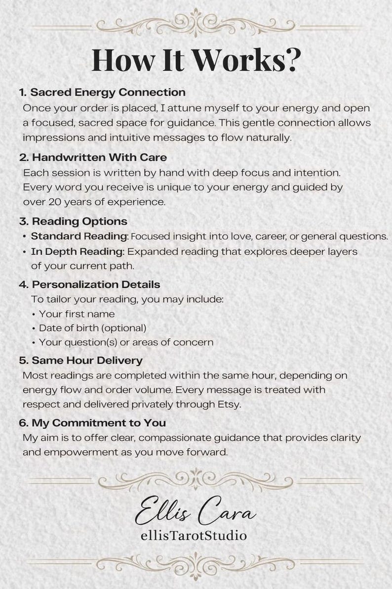 May include: A beige graphic with the title "How It Works?" and numbered sections detailing the process of a service. Includes information about energy connection, handwritten sessions, reading options, personalization, and delivery.