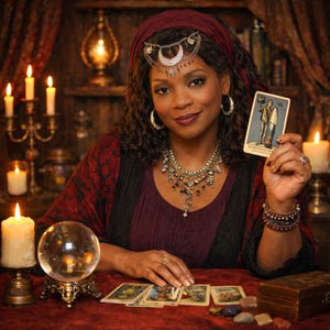 May include: A woman dressed as a fortune teller, wearing a burgundy headscarf and jewelry, holds a tarot card. A crystal ball, candles, and tarot cards are on a red table. The scene is lit with warm, inviting light.