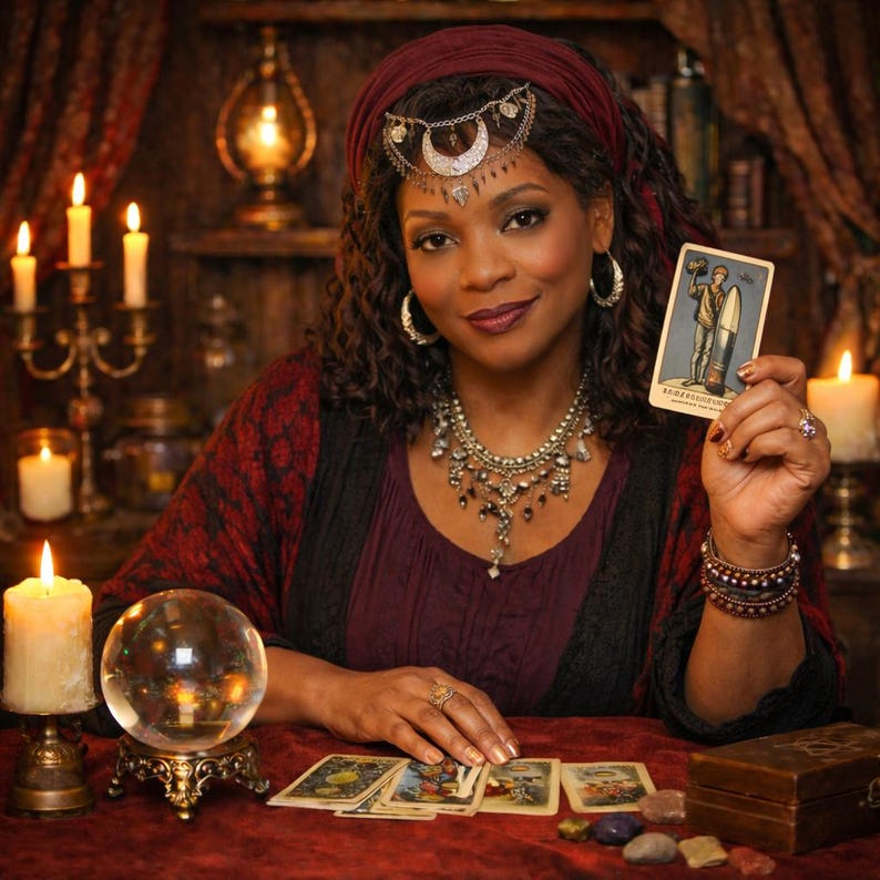 May include: A woman dressed as a fortune teller, wearing a burgundy headscarf and jewelry, holds a tarot card. A crystal ball, candles, and tarot cards are on a red table. The scene is lit with warm, inviting light.