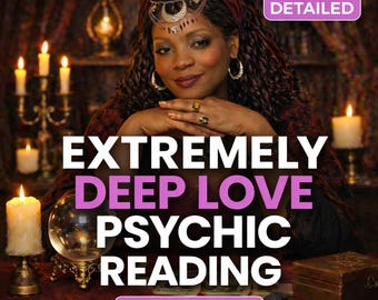 May include: An image promoting psychic readings. The text reads "EXTREMELY DEEP LOVE PSYCHIC READING" in large white letters with a purple background. A woman with dark hair and jewelry is in the image, along with candles and a crystal ball.