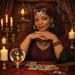 May include: A woman with dark curly hair and a red headscarf, adorned with jewelry, gazes at the viewer. She is seated at a red table with a crystal ball, tarot cards, and lit candles, creating a mystical atmosphere. The scene suggests fortune-telling.