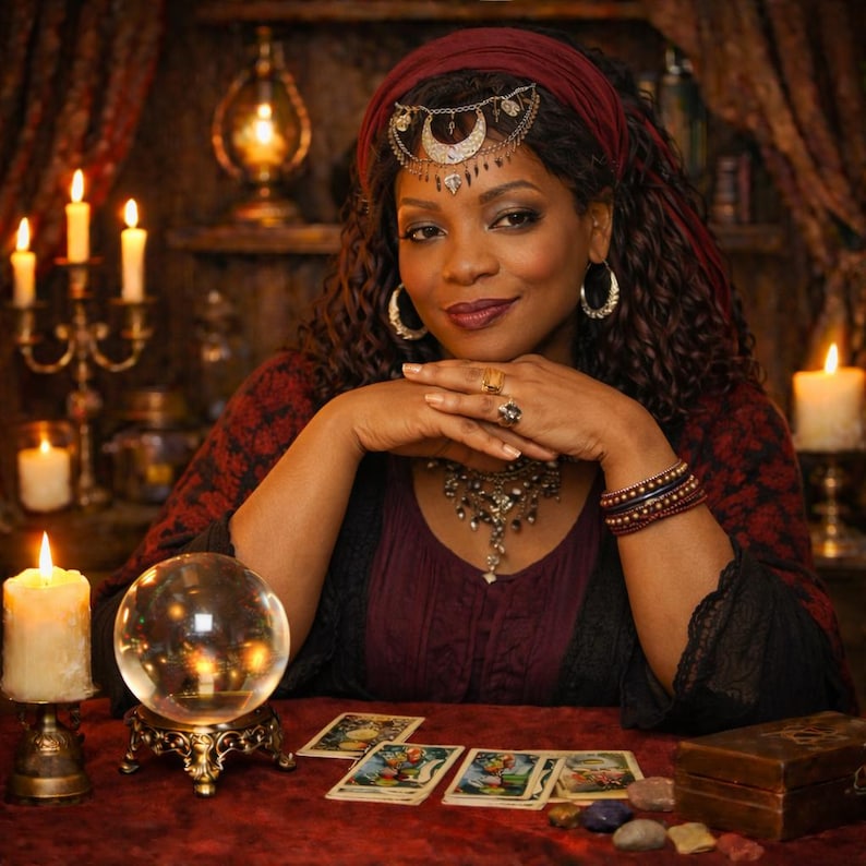 May include: A woman with dark curly hair and a red headscarf, adorned with jewelry, gazes at the viewer. She is seated at a red table with a crystal ball, tarot cards, and lit candles, creating a mystical atmosphere. The scene suggests fortune-telling.