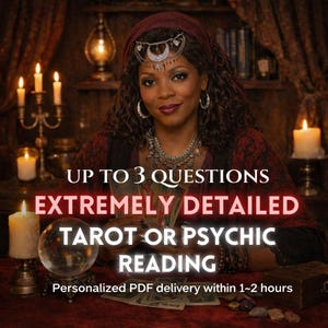 May include: An image featuring a woman in a burgundy headscarf and ornate jewelry, with text overlay: "UP TO 3 QUESTIONS, EXTREMELY DETAILED, TAROT OR PSYCHIC READING." Candles and a crystal ball are visible, suggesting a spiritual or fortune-telling theme.