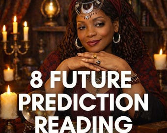 Puede incluir: Imagen de una mujer con un pañuelo rojo y joyas, con el texto "8 FUTURE PREDICTION READING". La escena incluye velas encendidas, una bola de cristal, cartas del tarot y una caja de madera, creando una atmósfera mística.