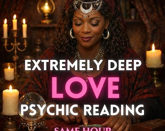 May include: An image promoting psychic readings. A woman with dark hair and a headpiece sits at a table with a crystal ball, candles, and tarot cards. Text on the image reads "EXTREMELY DEEP LOVE PSYCHIC READING SAME HOUR."