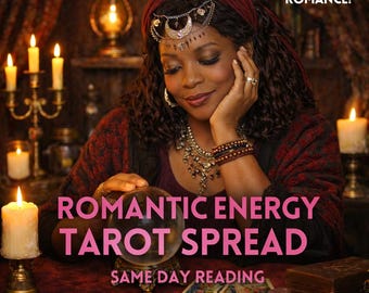 May include: An image of a woman with a crystal ball, candles, and tarot cards. The text on the image reads "Romantic Energy Tarot Spread" and "Same Day Reading." The top right corner of the image reads "Clarity for Love and Romance!"