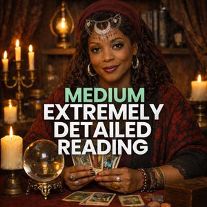May include: A woman with dark curly hair and a red headscarf holds tarot cards. The image features the text "MEDIUM EXTREMELY DETAILED READING" in white and green. A crystal ball and lit candles are in the background.