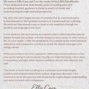 May include: A cream-colored page with the title "Who Am I?" in a bold, elegant font. The text describes Ellis Cara and her tarot reading services, emphasizing guidance, clarity, and spiritual insight. The Ellis Cara and ellisTarotStudio names are also visible.