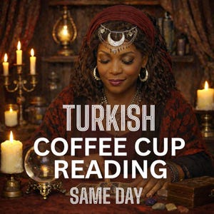 Pode incluir: Imagem de uma mulher com um lenço vermelho e joias ornamentadas, com o texto "TURKISH COFFEE CUP READING SAME DAY". A cena inclui velas acesas, uma bola de cristal e uma caixa de madeira, criando uma atmosfera mística.