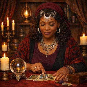 May include: A woman wearing a burgundy head wrap and jewelry, including a crescent moon headpiece, earrings, and a layered necklace, sits at a table with a crystal ball and tarot cards. Lit candles and a decorative candelabra are in the background.