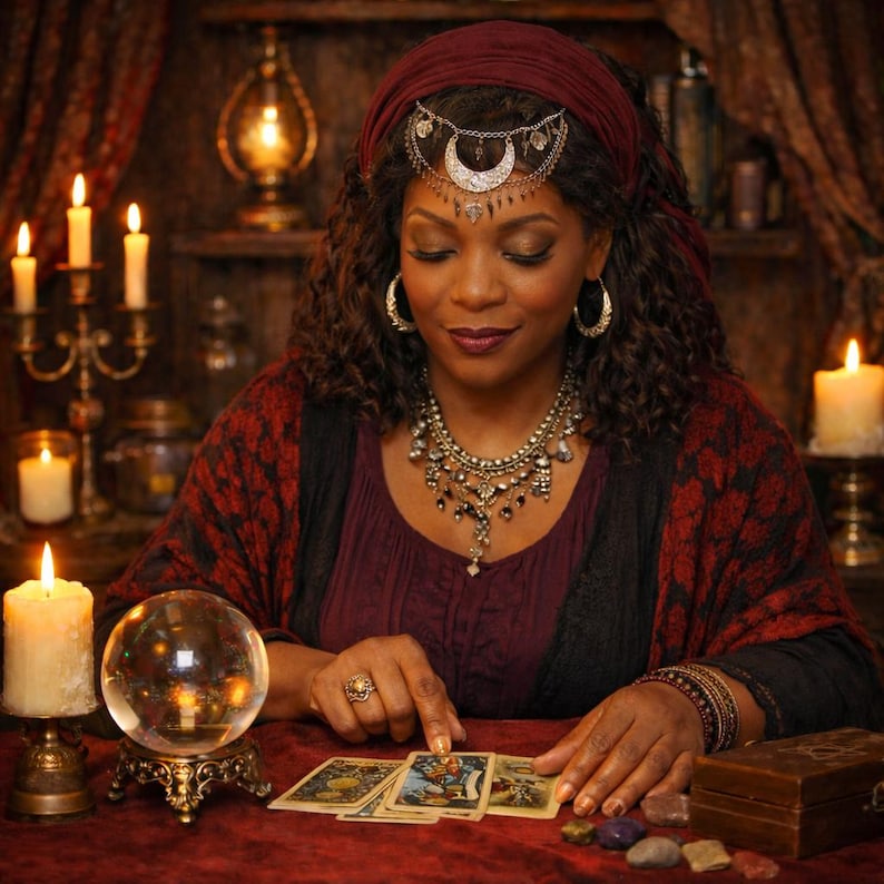 May include: A woman wearing a burgundy head wrap and jewelry, including a crescent moon headpiece, earrings, and a layered necklace, sits at a table with a crystal ball and tarot cards. Lit candles and a decorative candelabra are in the background.
