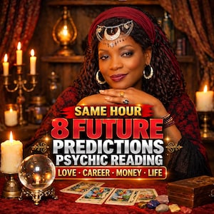 May include: A person with dark curly hair wearing a red headwrap and a crescent moon headpiece, positioned behind a table with a crystal ball, candles, and tarot cards. Text reads: SAME HOUR 8 FUTURE PREDICTIONS PSYCHIC READING LOVE CAREER MONEY LIFE.