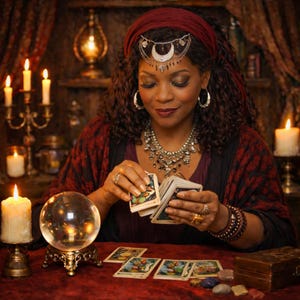 May include: A woman wearing a red headscarf and ornate jewelry shuffles tarot cards. A crystal ball sits on a decorative stand, surrounded by lit candles. The scene evokes a mystical and fortune-telling theme.