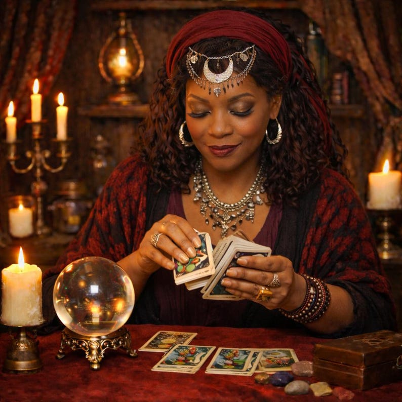 May include: A woman wearing a red headscarf and ornate jewelry shuffles tarot cards. A crystal ball sits on a decorative stand, surrounded by lit candles. The scene evokes a mystical and fortune-telling theme.