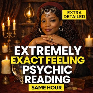 May include: An image of a woman with dark hair and a red head wrap, adorned with jewelry, is the focal point. The text reads "EXTREMELY EXACT FEELING PSYCHIC READING SAME HOUR" with a "EXTRA DETAILED" banner. Candles and a crystal ball are also visible.