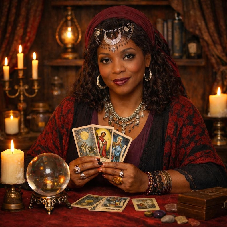 May include: A woman in a burgundy headscarf and ornate jewelry holds tarot cards. A crystal ball sits on a decorative stand, surrounded by lit candles. The scene is set on a red velvet surface, evoking a mystical atmosphere.